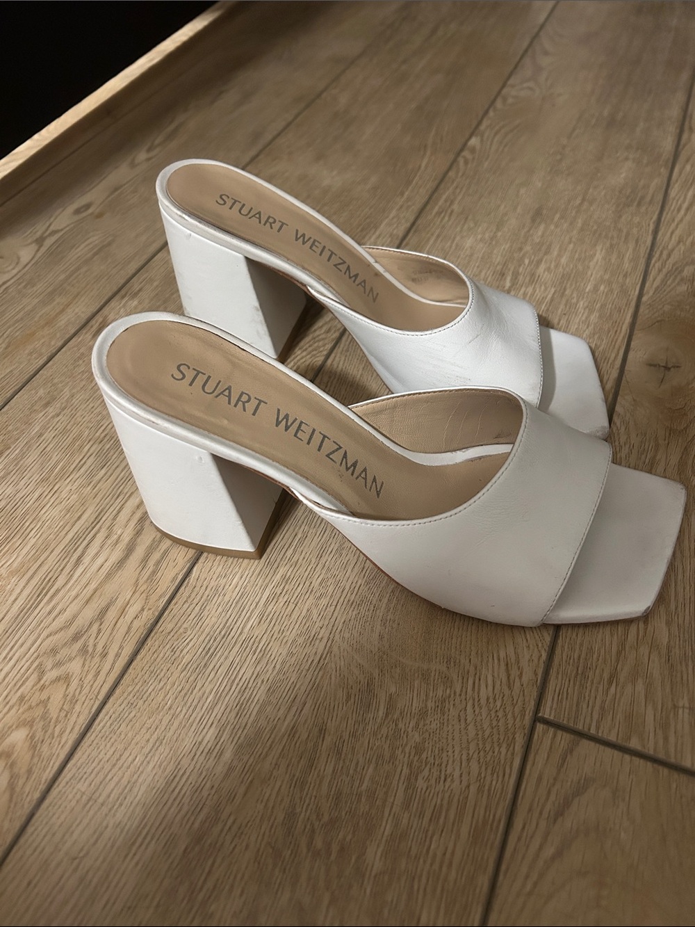 Stuart Weitzman White Leather Square Toe Block Heel Mules